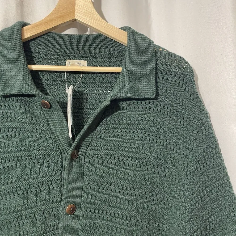 NWT J Crew Short Sleeve‎ Open-Stitch Polo Cardigan Sweater Green Mens Large